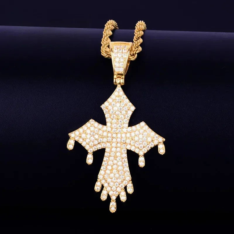 Iced Out "Liquid Drip" Cross Pendant | Men's Melting Hip Hop Necklace | Premium Copper CZ Streetwear Jewelry | Kinetic Style Bling | Caratix - CaratixJewelry
